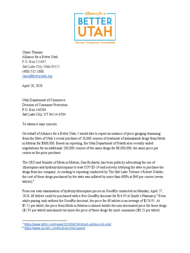 Utah Consumer Protection Letter Health Care Medicine