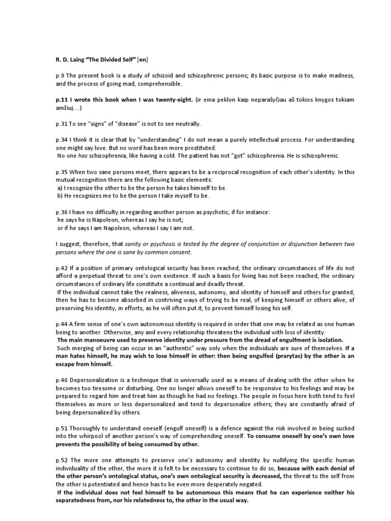RD Laing Divided Self PDF Schizophrenia Autonomy