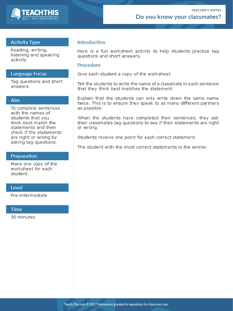 Do You Know Your Classmates Tag Questions | PDF | Language Arts ...