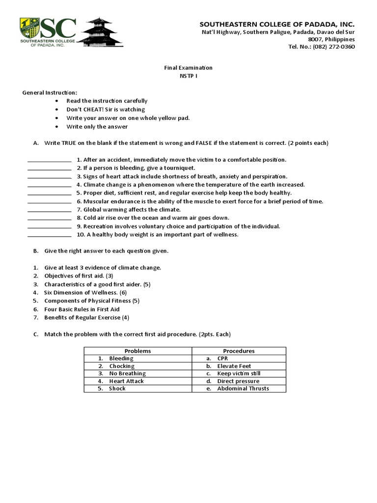 NSTP I Final Exam Instructions | PDF | First Aid | Cardiopulmonary ...