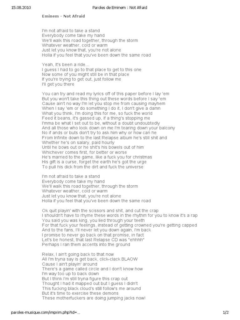 Paroles De Eminem The Monster Paroles de Eminem - Not Afraid PDF | PDF | Entertainment (General)