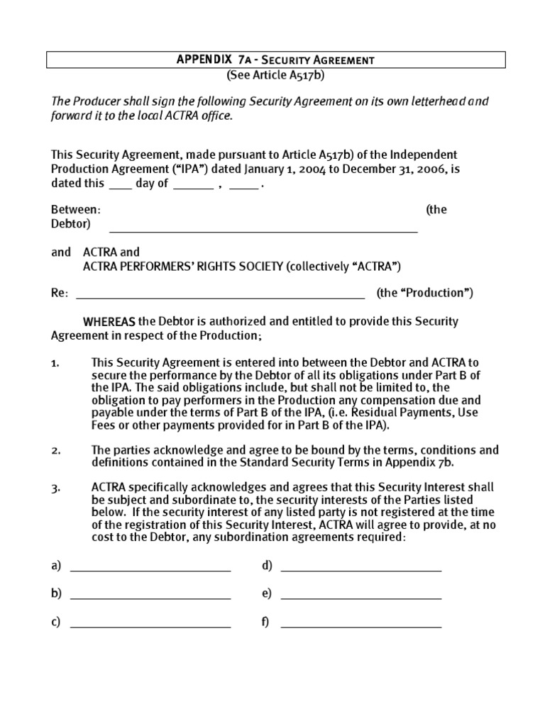 Appendix 7a Security Agreement | PDF | Security Interest | Law And ...