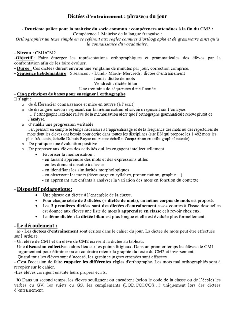 Dictée Accord Sujet verbe 4ème Pdf Dictee Du Jour D.schweihtzer PDF | PDF | Orthographie | Phrase