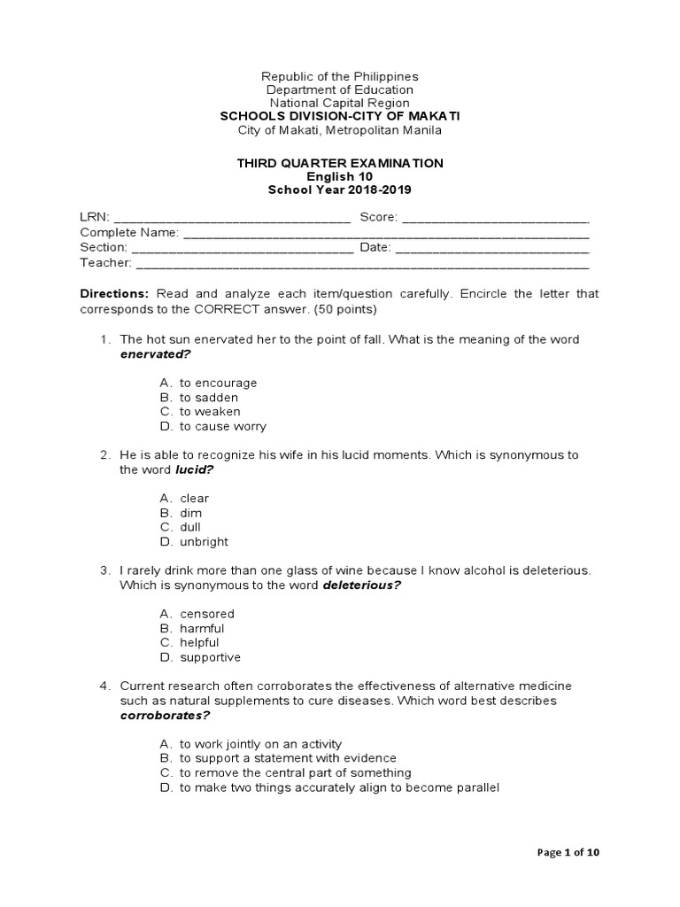 Third Quarter Test Final | PDF | English Language | Vocabulary