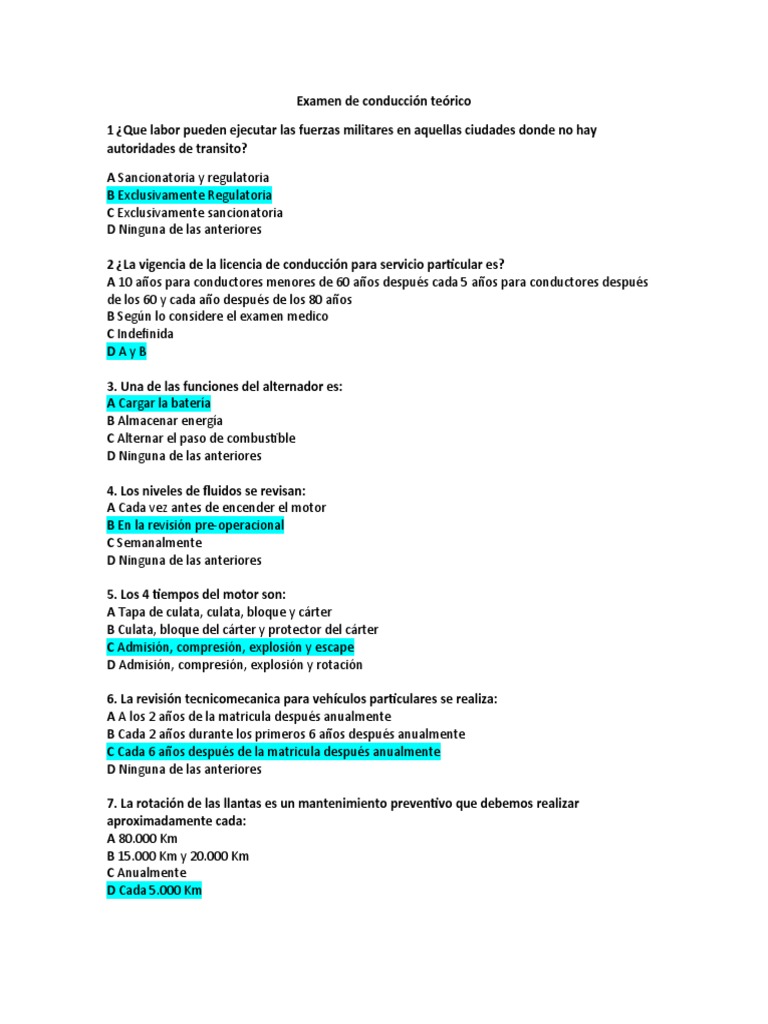 Examen de Conducción Teórico RESPUESTAS PDF Intersección (carretera