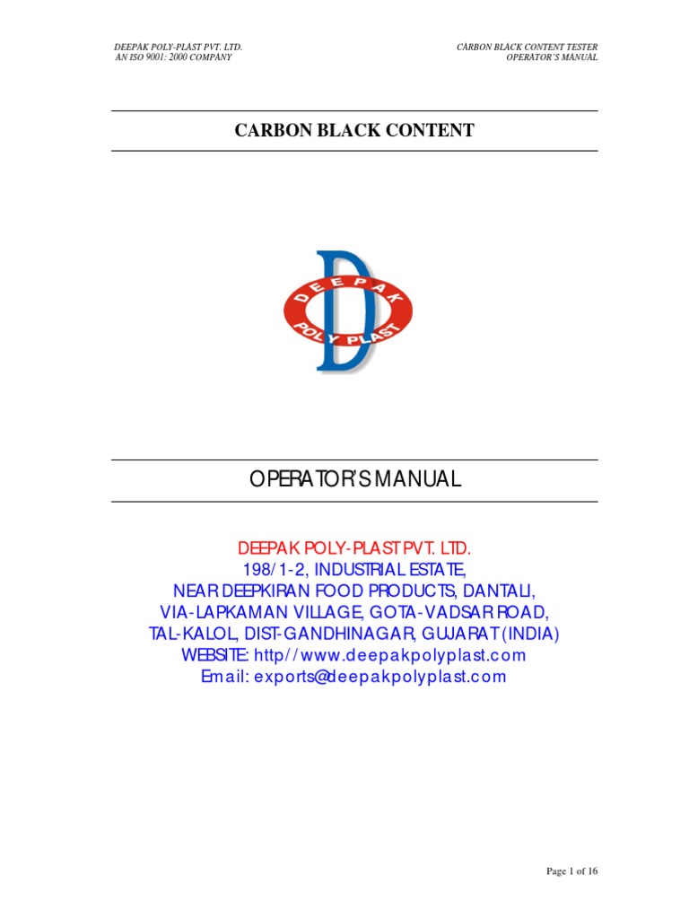 Operator's Manual for the Deepak Poly-Plast Pvt. Ltd. Carbon Black ...