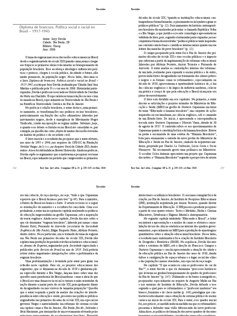 Diploma de Brancura: Políticas Raciais 1917-1945 | PDF | Eugenia | Brasil