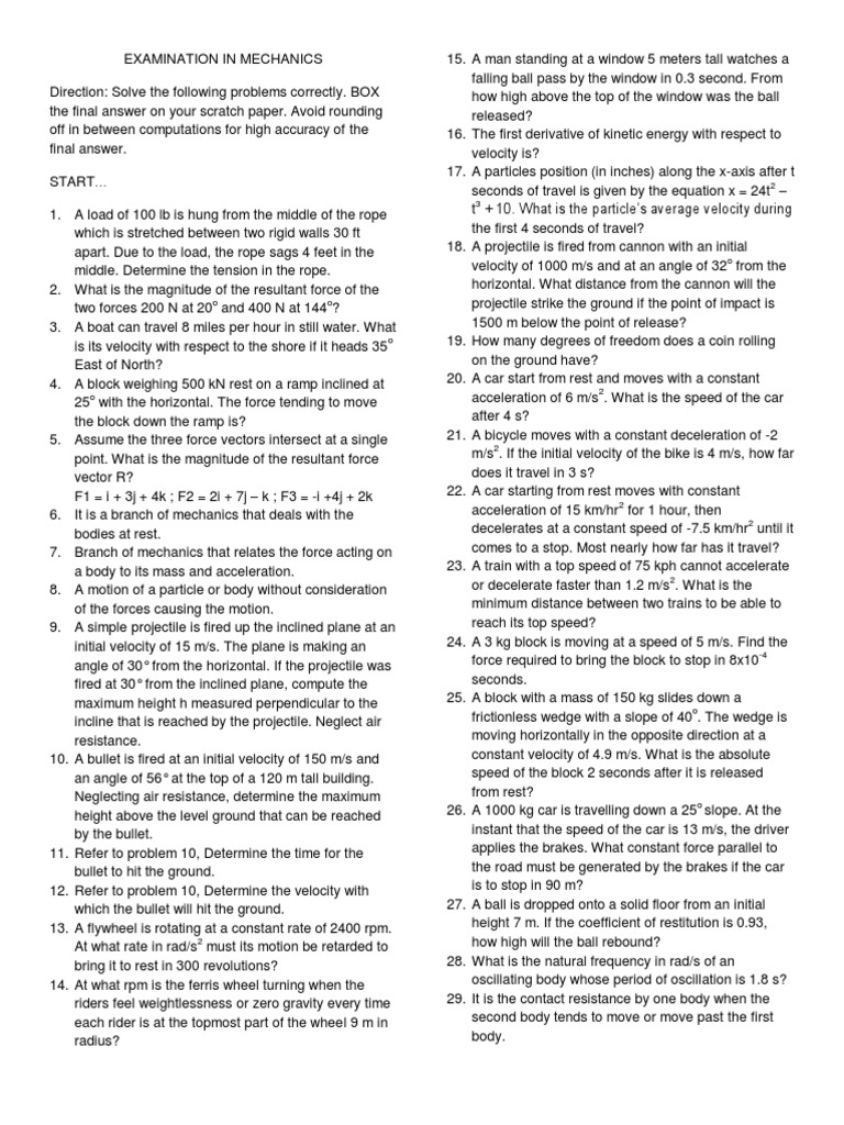 Mechanics Problem Set and Solutions | PDF | Acceleration | Force