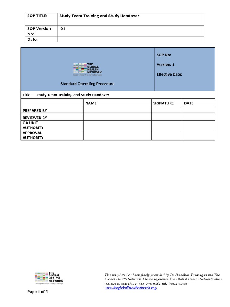 Study Team Training & Handover SOP | PDF | Clinical Trial | Health Care