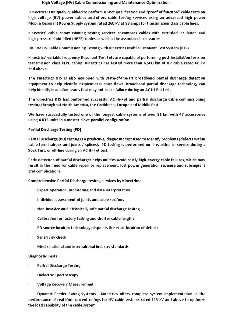 HV Cable Testing and Commissioning Services | PDF | Electrical ...