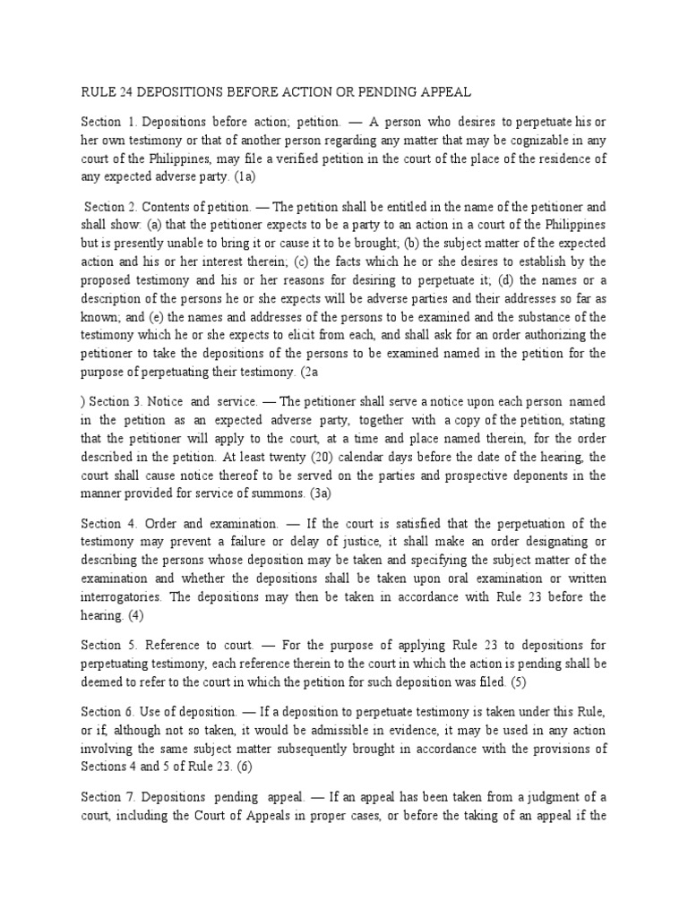 Rule 24: Depositions Overview | PDF | Deposition (Law) | Separation Of ...