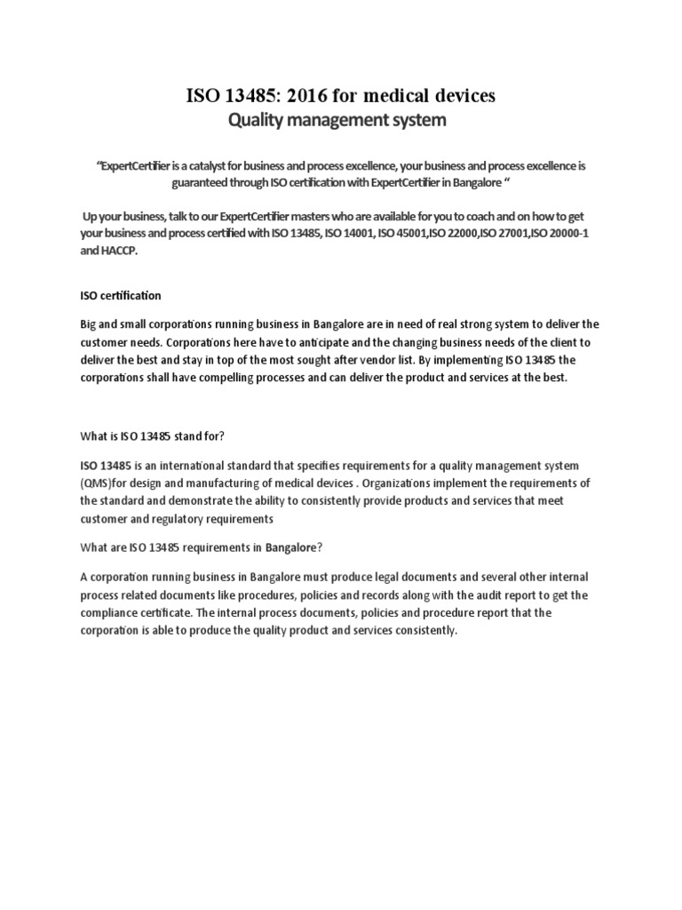 Quality Management System: ISO 13485: 2016 For Medical Devices | PDF ...