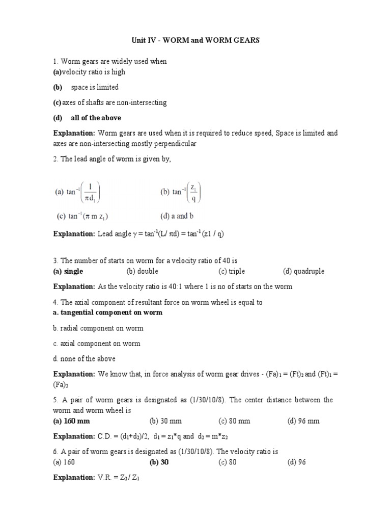 Worm and Worm Gears MCQs PDF Gear Machines