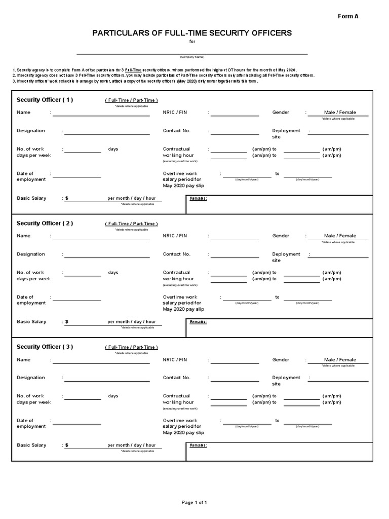 Security Officers' Employment Details Form | PDF | Overtime | Employee ...