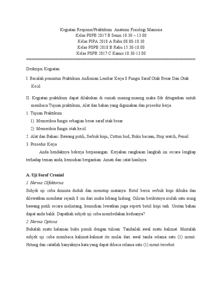 Lembar Kerja 8 Fungsi Saraf Otak Besar Dan Otak Kecil | PDF