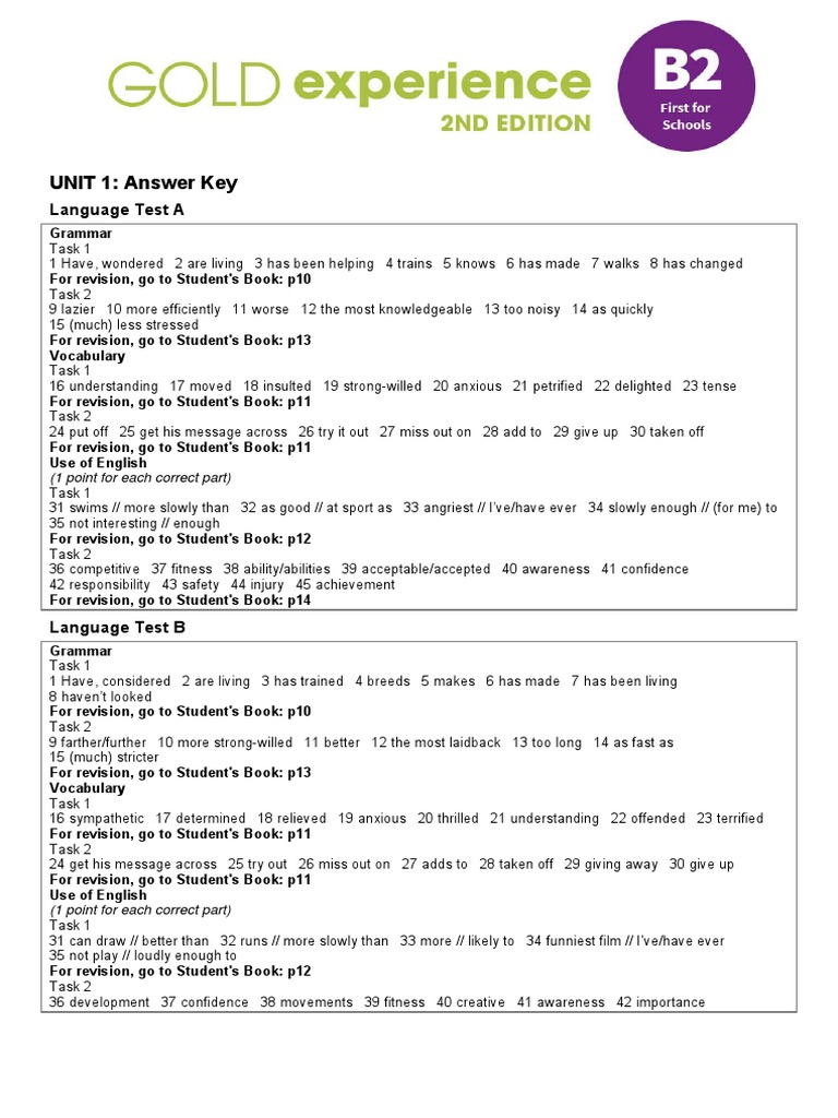 Gold Experience B2 Unit 1 Answer Key | PDF | Language Arts & Discipline
