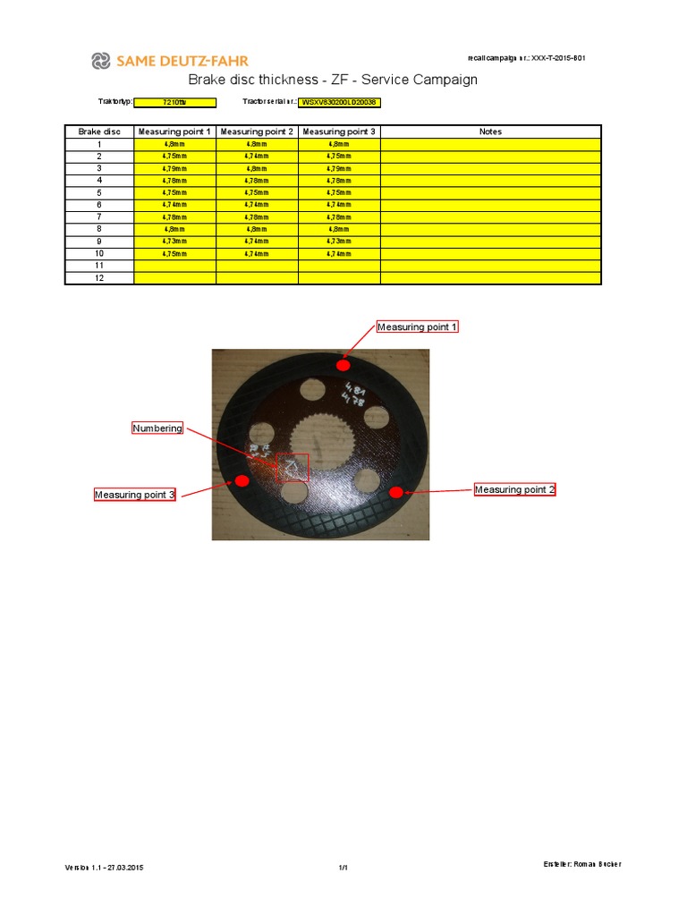 Brake Disc Thickness Report for ZF Tractor | PDF
