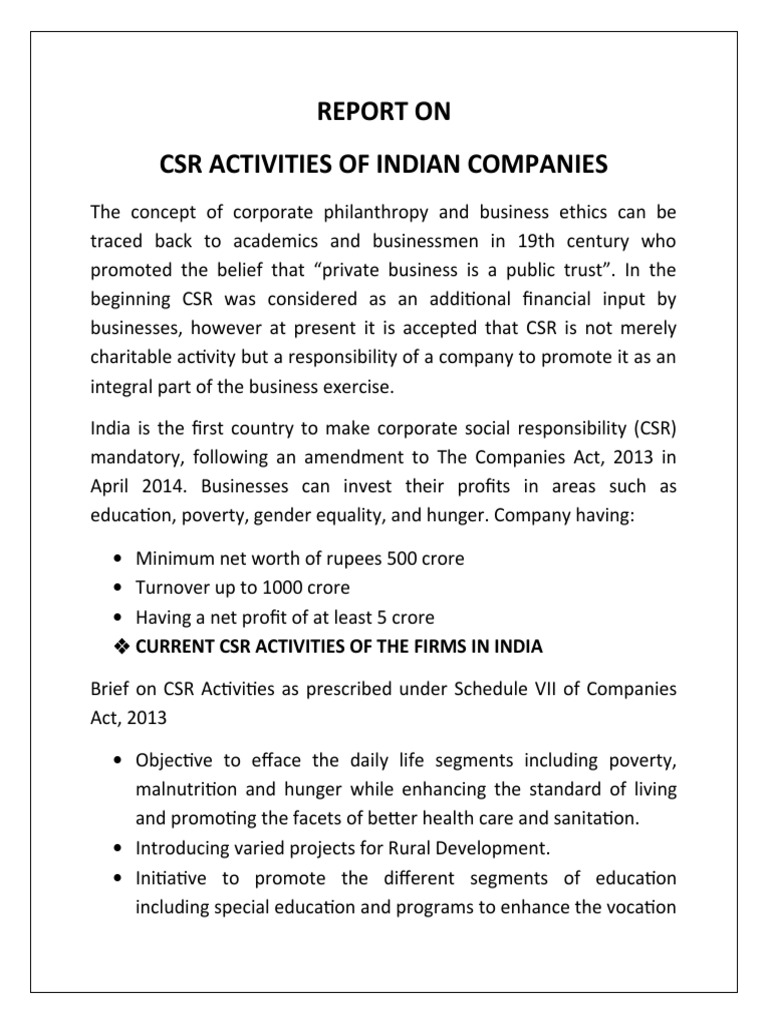 CSR Activities of Indian Companies | PDF | Corporate Social ...