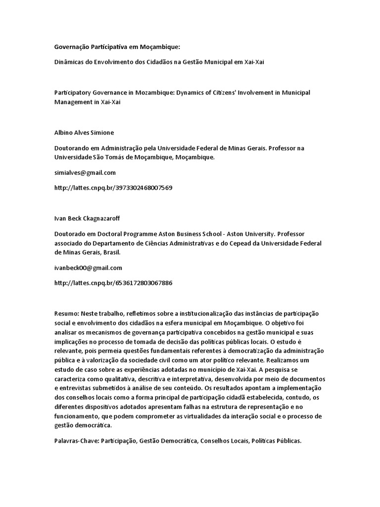 Governança Participativa em Xai-Xai | PDF | Democracia deliberativa ...