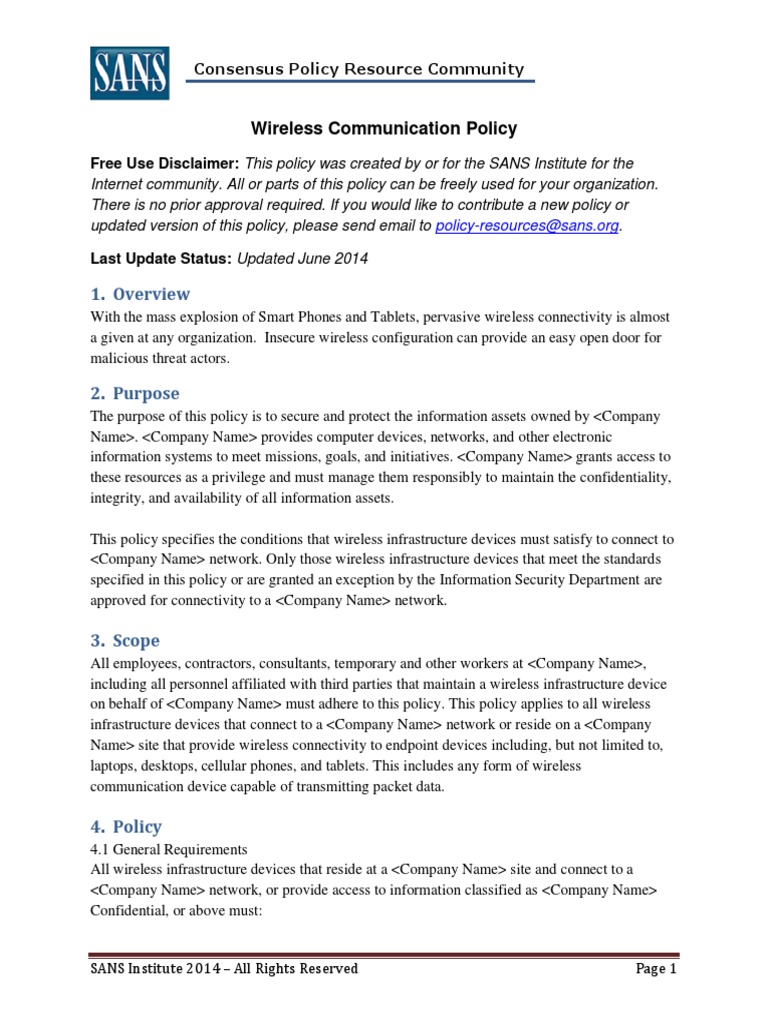 Wireless Communication Policy: 1. Overview | PDF | Information Security ...