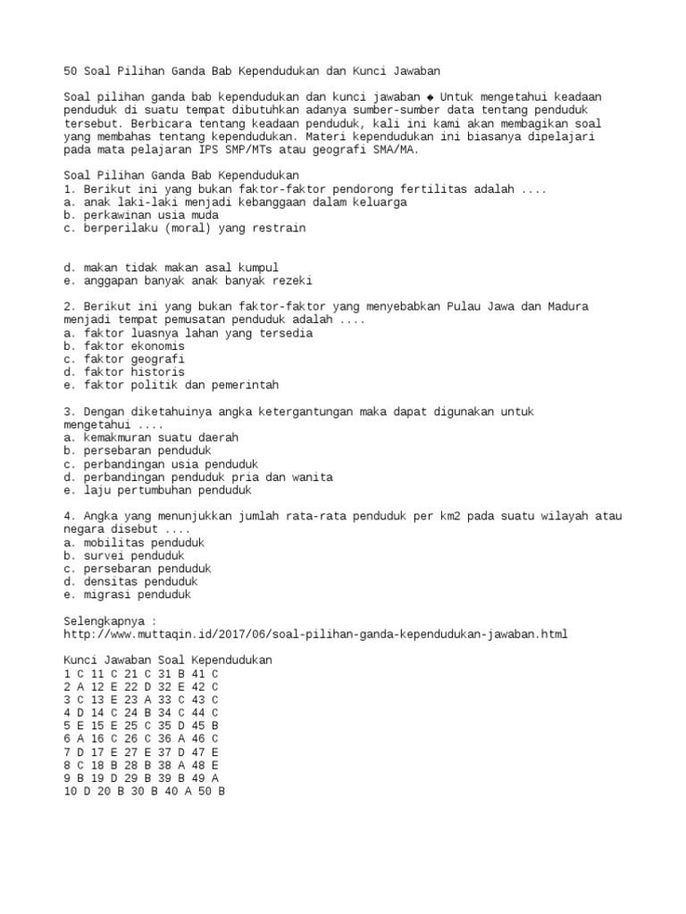50 Soal Pilihan Ganda Bab Kependudukan Dan Kunci Jawaban Txt