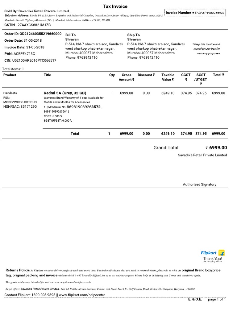 Invoice for Redmi 5A Purchase | PDF | Economies | Business