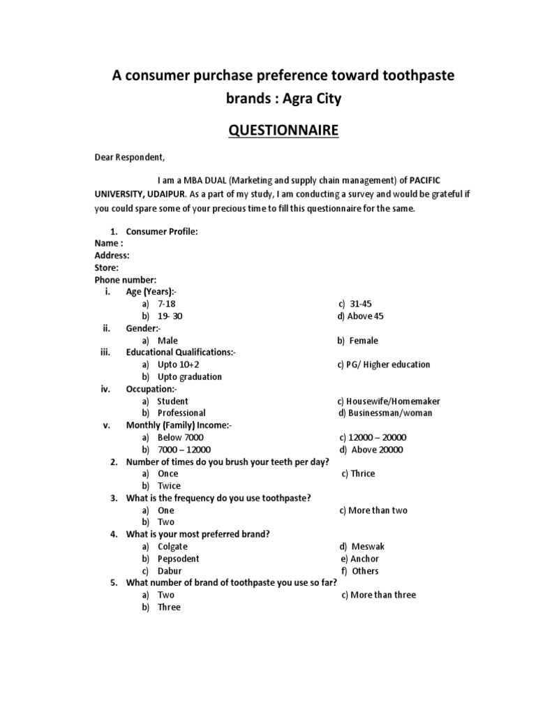 A Consumer Purchase Preference Toward Toothpaste Brands Agra City Questionnaire PDF Brand