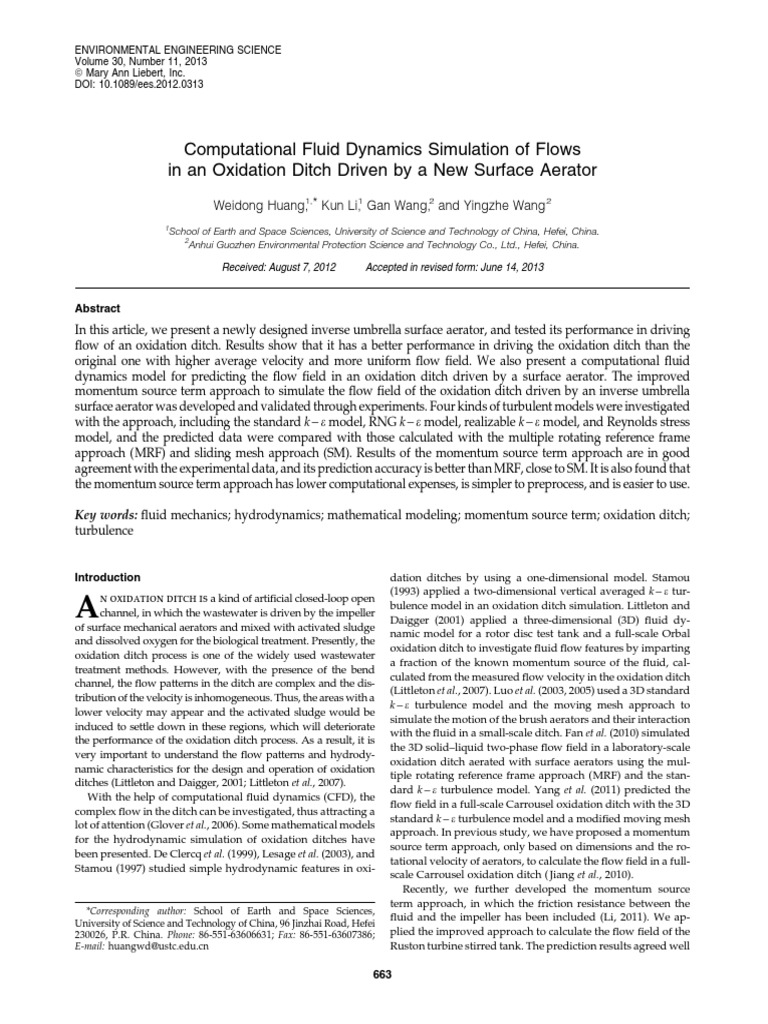 Computational Fluid Dynamics Simulation of Flows in an Oxidation Ditch ...