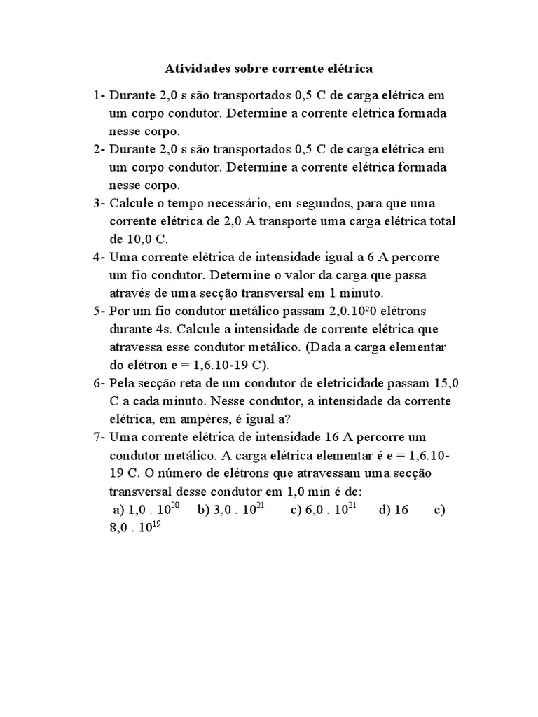 Atividades de Cálculo de Corrente Elétrica | PDF