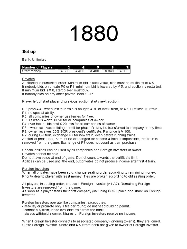 1880 Game Setup and Rules Guide | PDF | Auction | Special Drawing Rights
