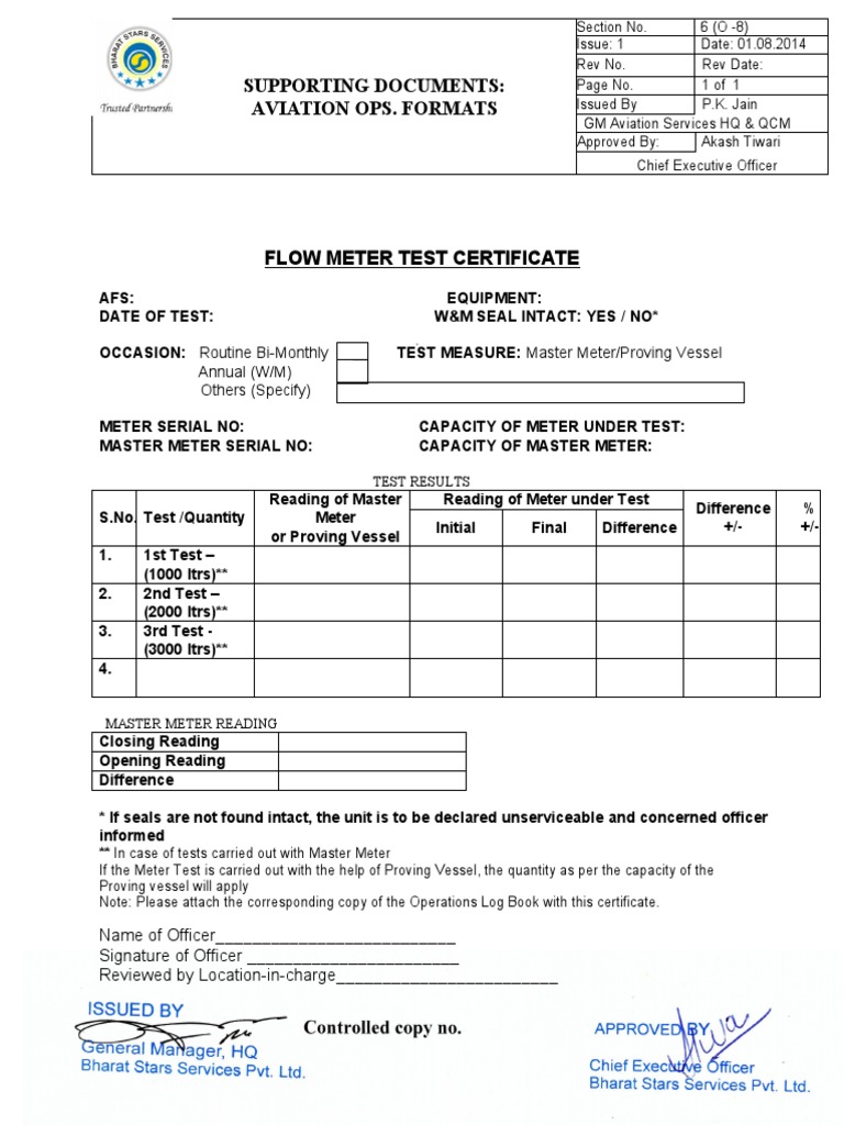Flow Meter Test Certificate Documenting BiMonthly Testing Results and