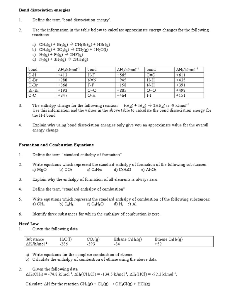 Homework Enthalpy Calculations Doc Combustion Nature