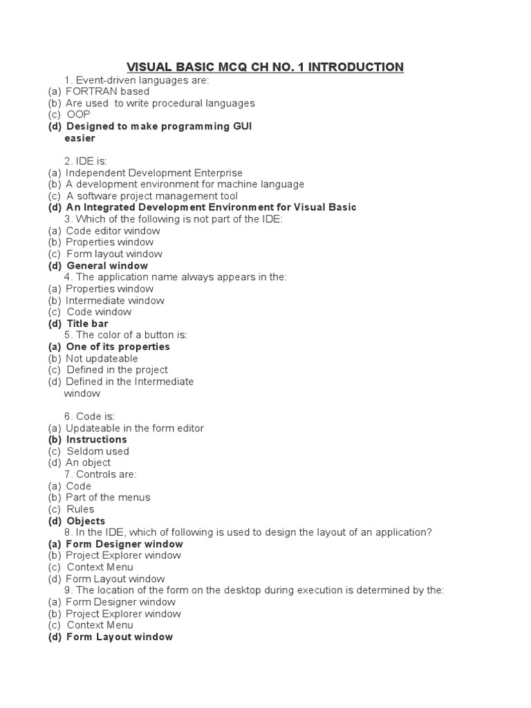 Visual Basic MCQs: Introduction | PDF | Integrated Development ...