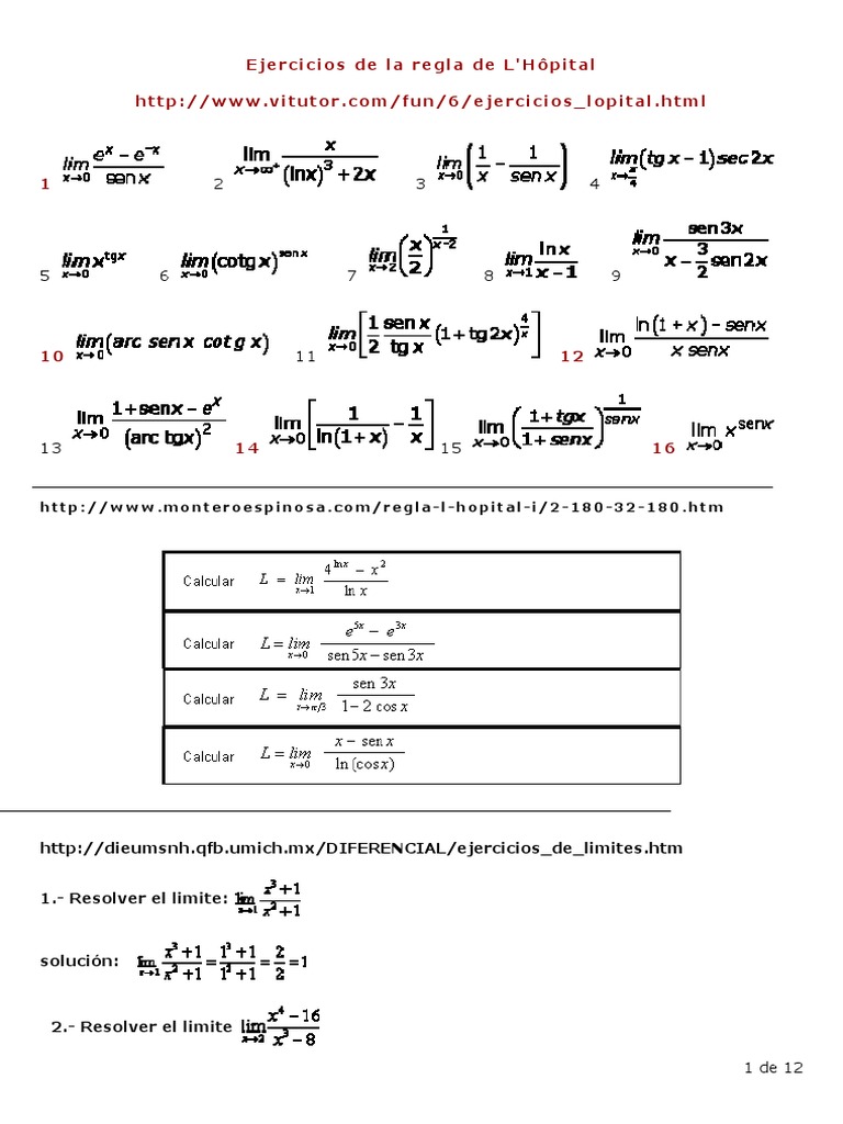 Ejercicios Resueltos de L'Hôpital | PDF | infinito | Fracción (Matemáticas)
