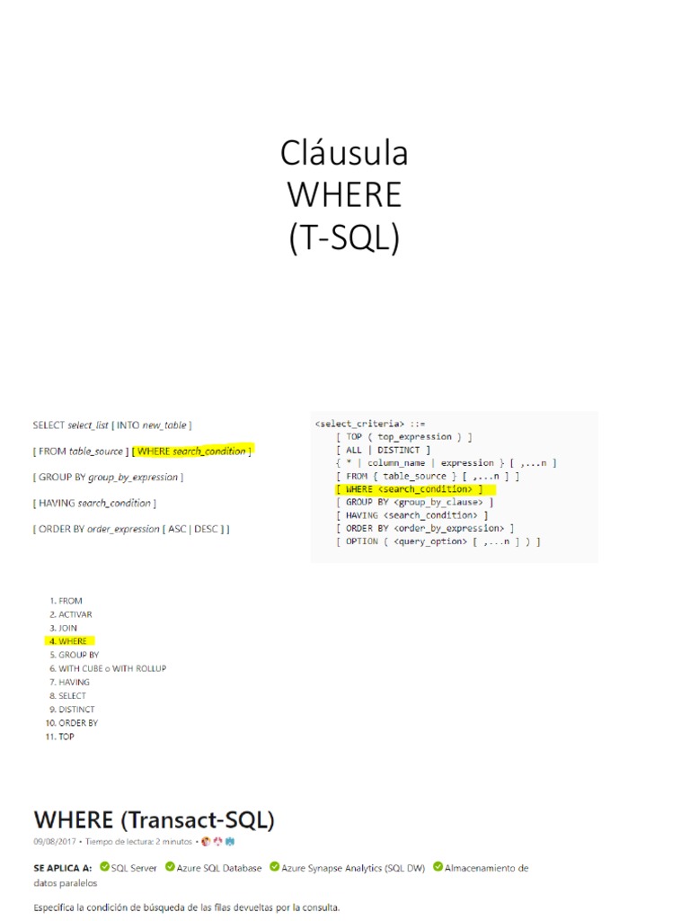 WHERE - 1.1 Predicados y Operadores de Comparación SQL Server | PDF