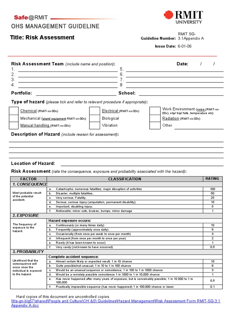 RMIT Risk Assessment Form PDF Hazards Risk