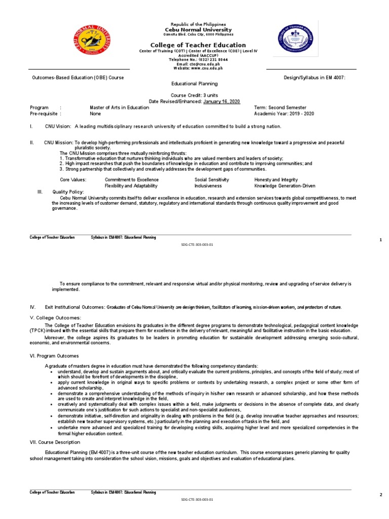 Master of Arts in Education Program Syllabus for Educational Planning