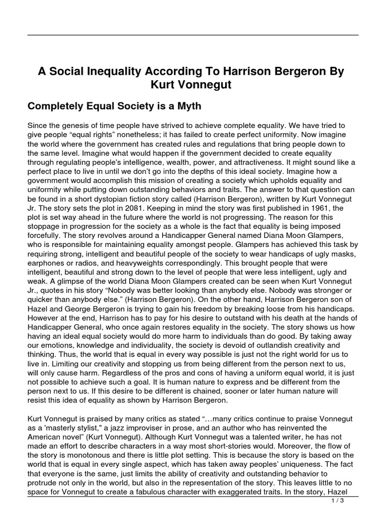 A Social Inequality According To Harrison Bergeron by Kurt Vonnegut PDF