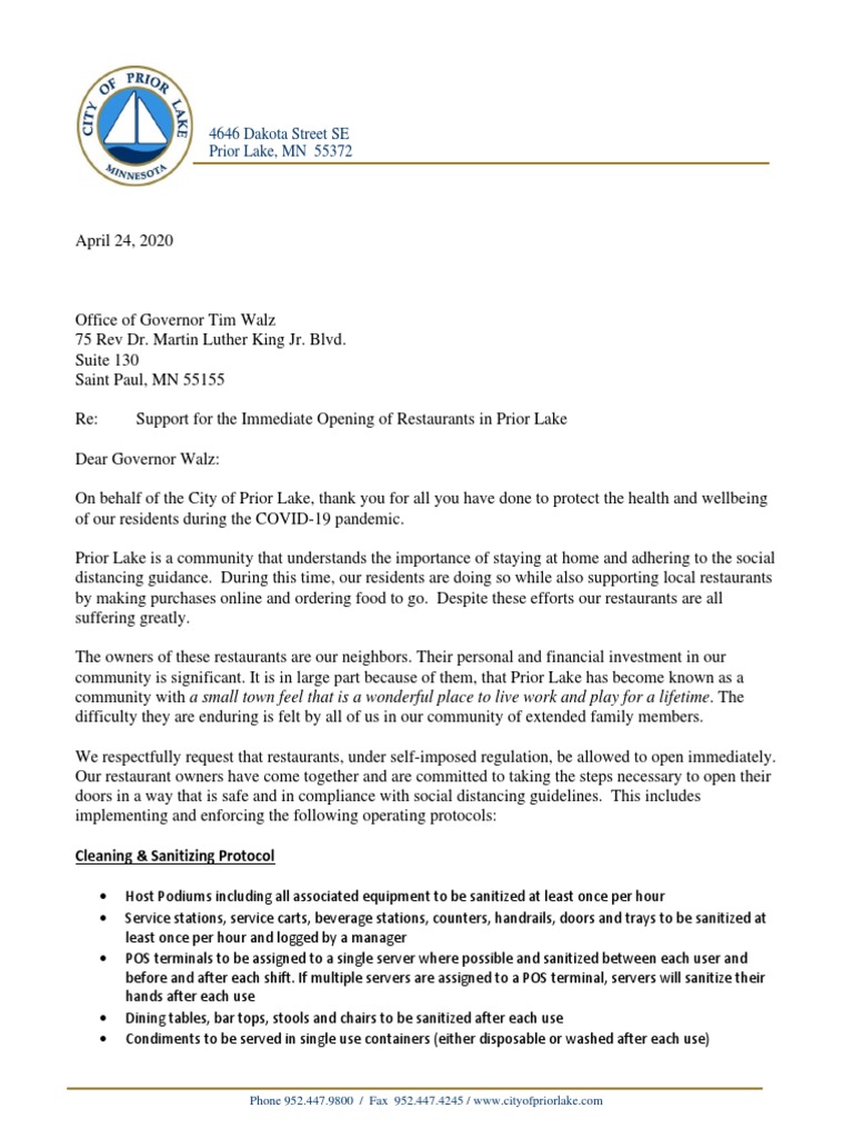Letter To Governor Walz To Open Prior Lake Restaurants 04 24 2020 | PDF ...