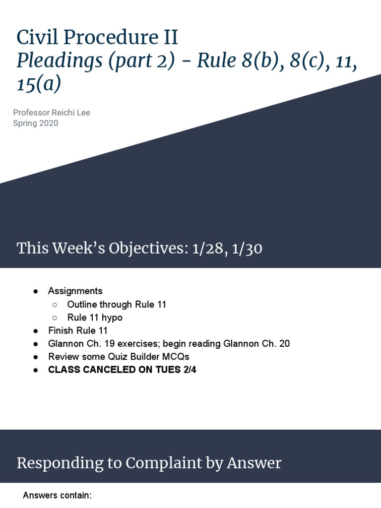 Civil Procedure II: Pleadings Rules Overview | PDF | Pleading | Complaint