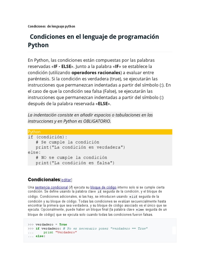 Condiciones de Lenguaje Python | PDF | Python (lenguaje de programación ...