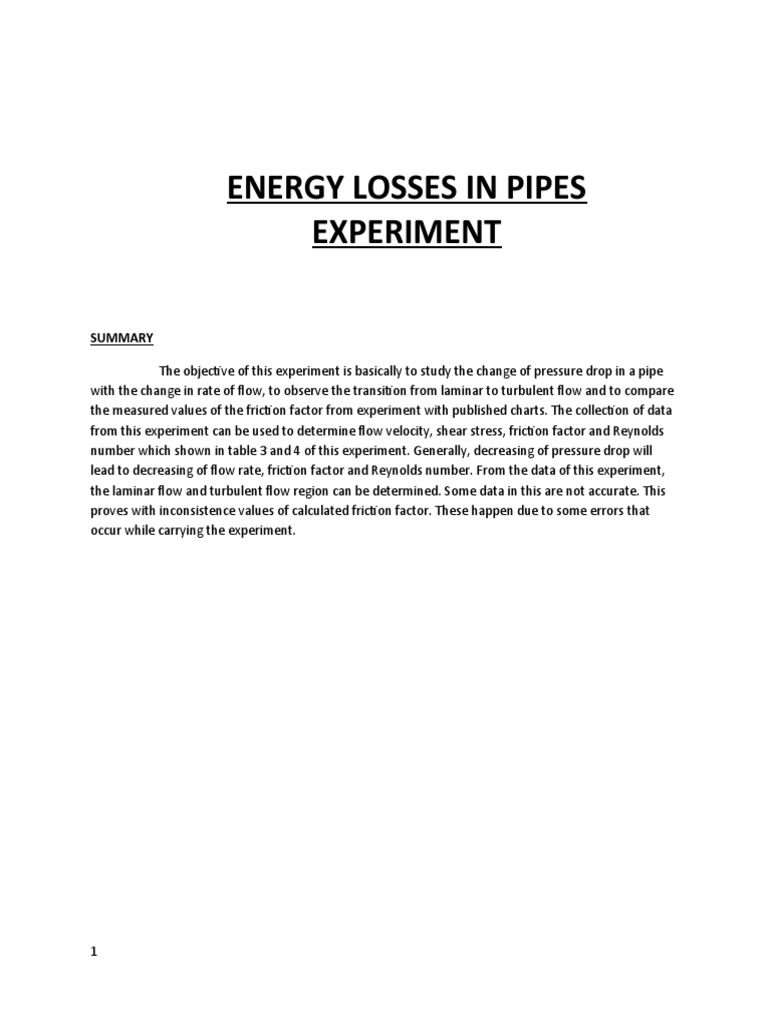 Energy Losses in Pipes Experiment | PDF | Reynolds Number | Fluid Dynamics