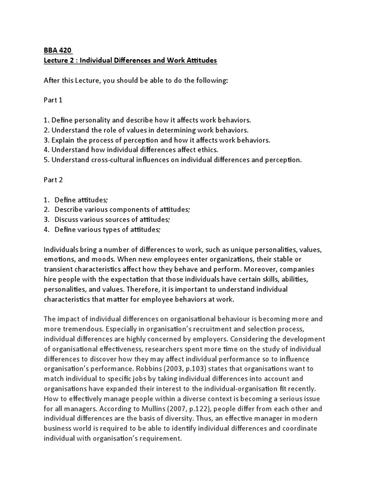 Individual Differences in Workplace Behavior | PDF | Attitude ...