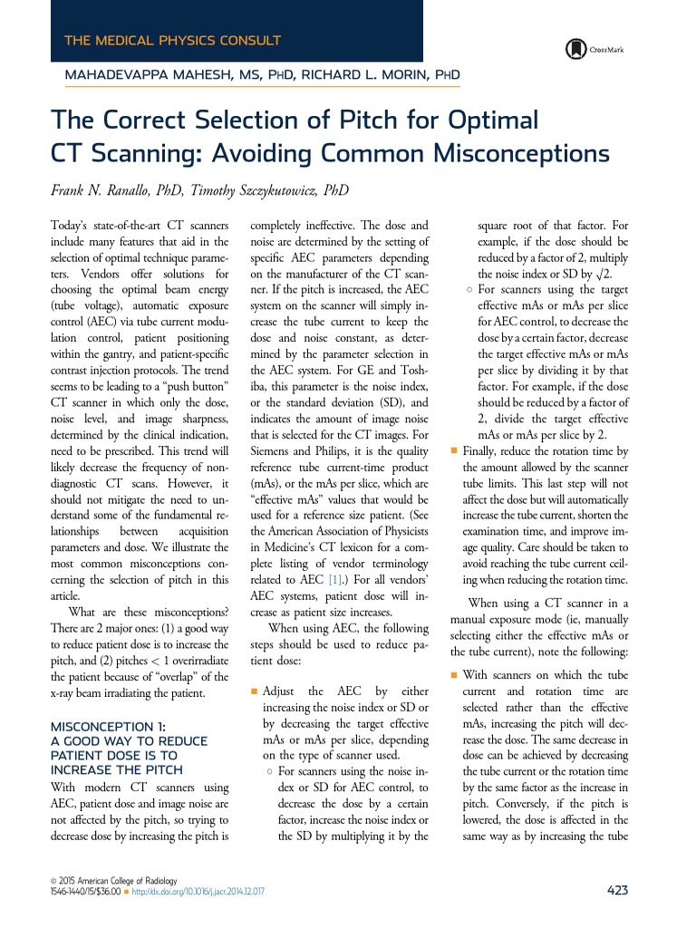 Correct Selection of Pitch in CT JACR 415 PDF Ct Scan Absorbed Dose