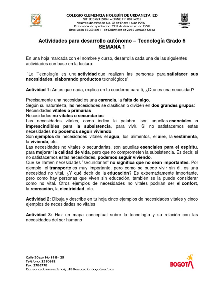 Actividades de Tecnología Grado 6 | PDF | Crecimiento personal y ...