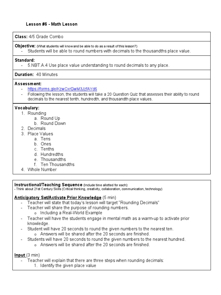 Rounding Decimals Lesson Plan for Grades 4-5 | PDF | Educational ...