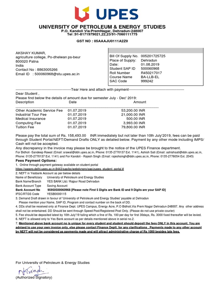 UPES Fees Invoice for BA-LLB-EL Student | PDF | Fee | Financial Services