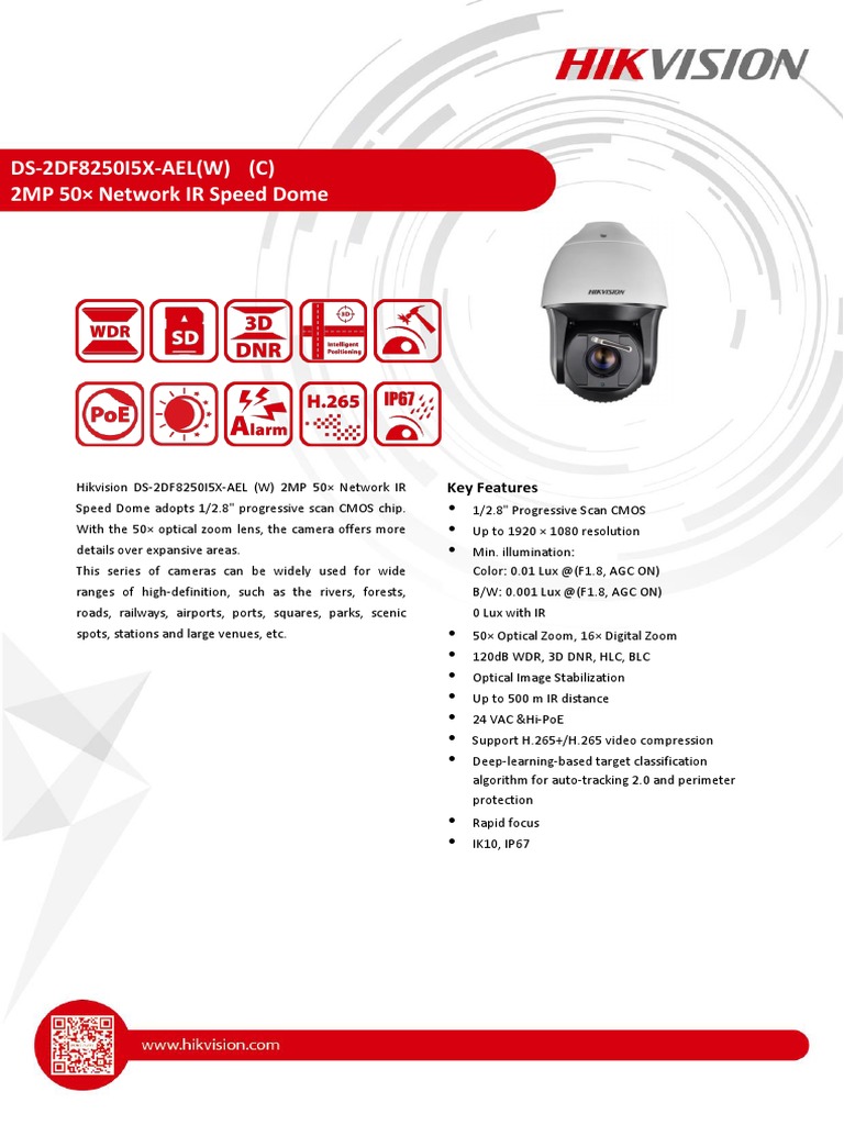 A Technical Specification Sheet for a Hikvision DS2DF8250I5XAEL(W