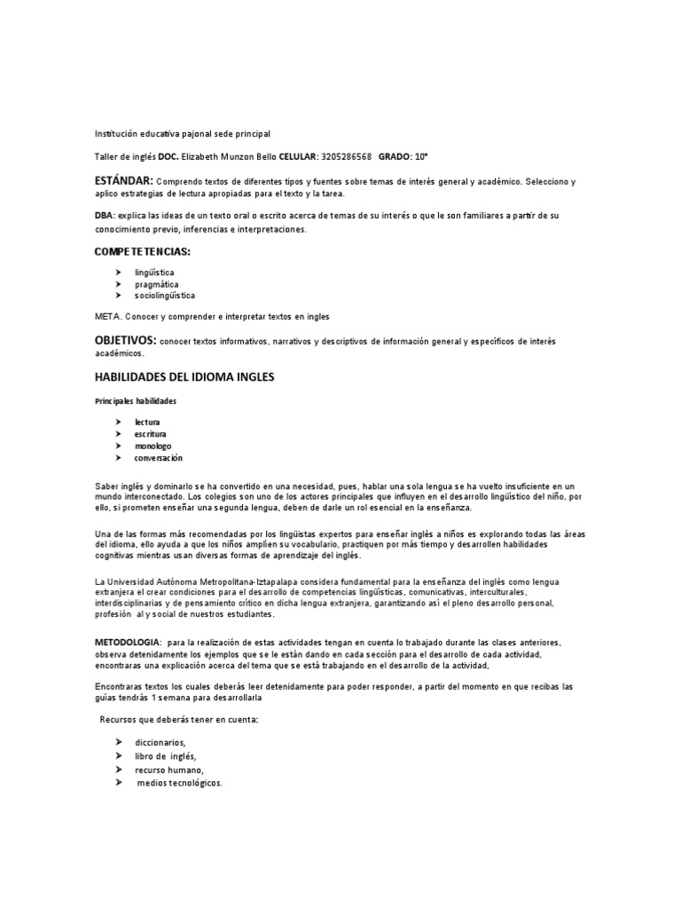 Taller de inglés para grado 10 | PDF | Lingüística | Idioma en Inglés