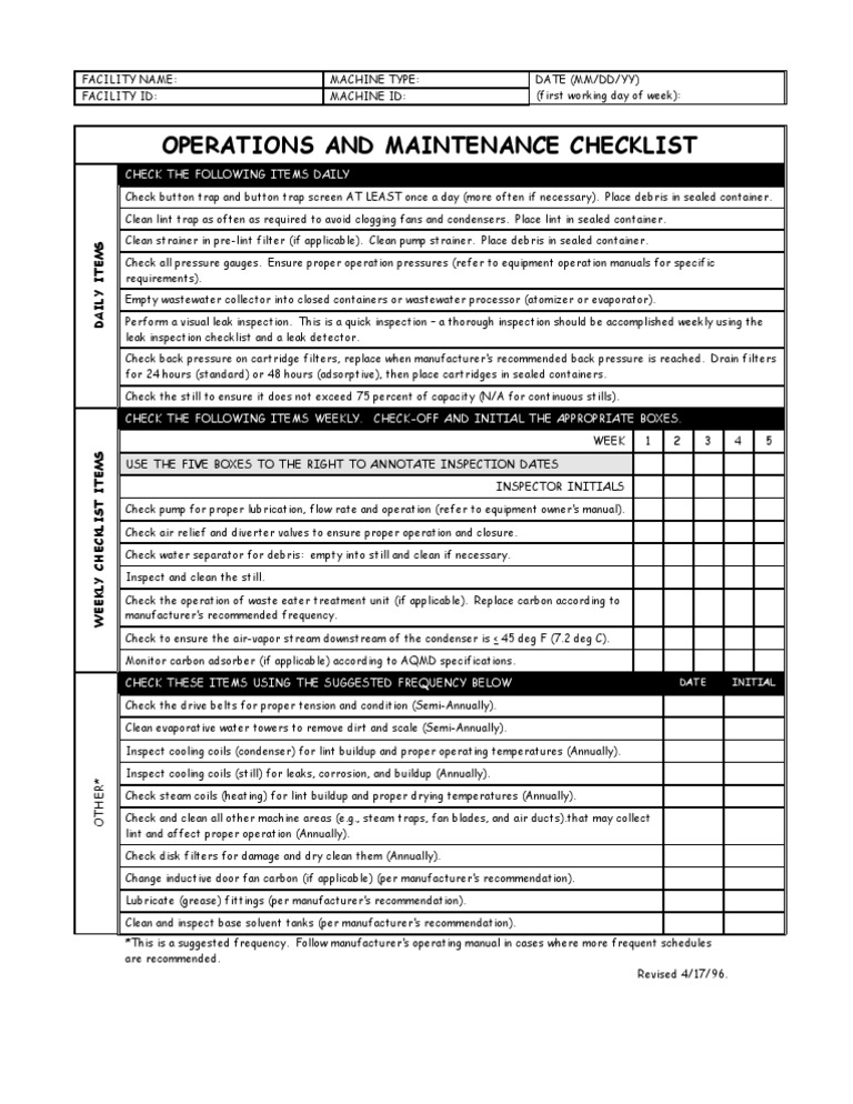 Operations and Maintenance Checklist Home Appliance Mechanical